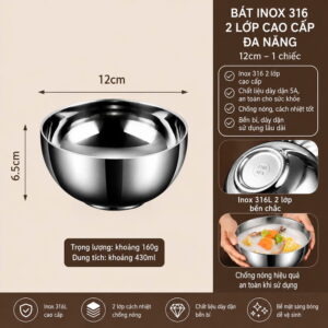 Chén Inox 316L 2 Lớp Cao Cấp Chống Nóng An Toàn KB-1006